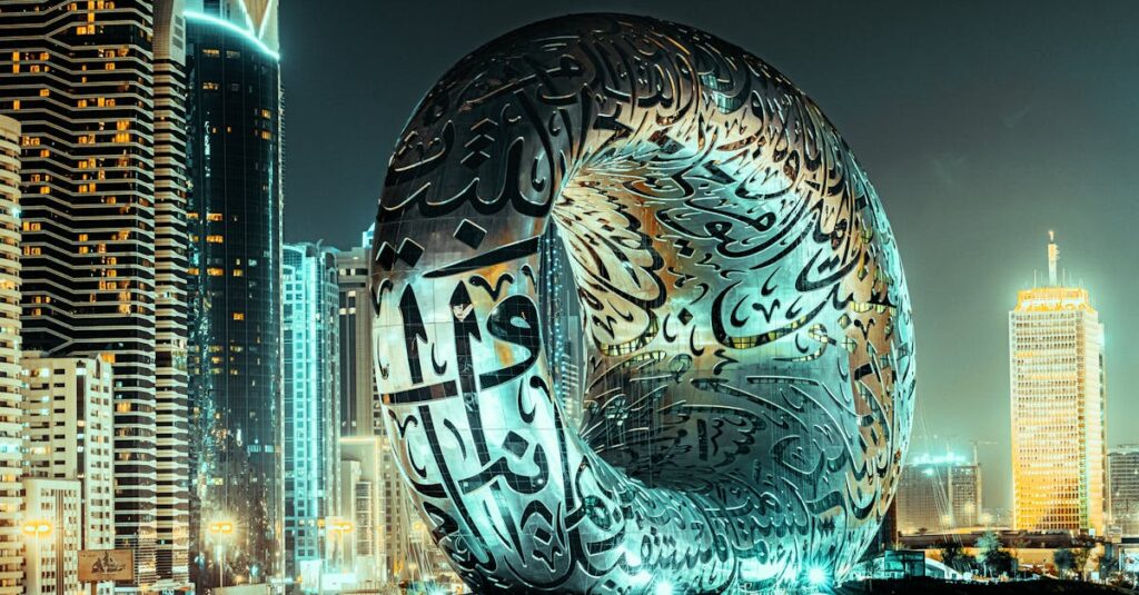 The Museum of the Future illuminated at night against the Dubai skyline, showcasing modern architecture.